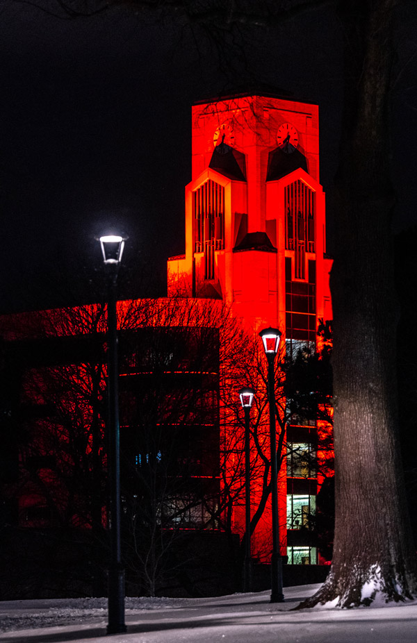 Ellis Library Clock Tower with snow