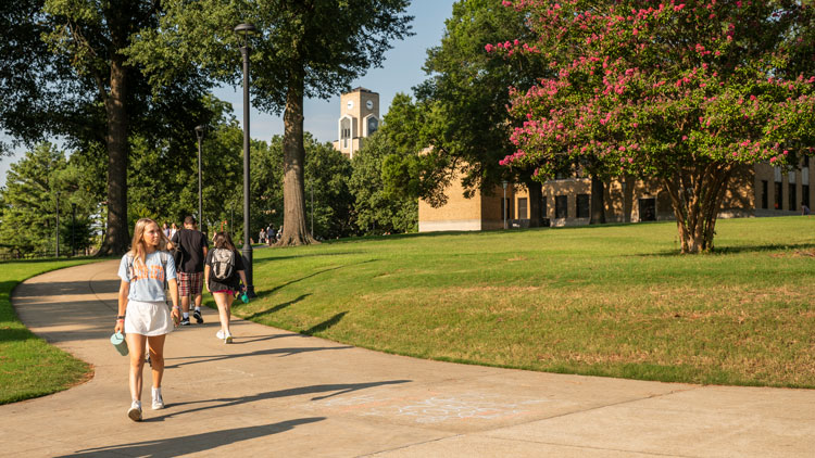 Students walking across campus