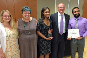 Online MPA Student of the Year Molly Alexander, Dr. Catherine Resse, Traditional MPA Student of the Year Cecelie Cochran, Dr. William McLean, and new Pi Alpha Alpha member-President Ali Alghofaili.